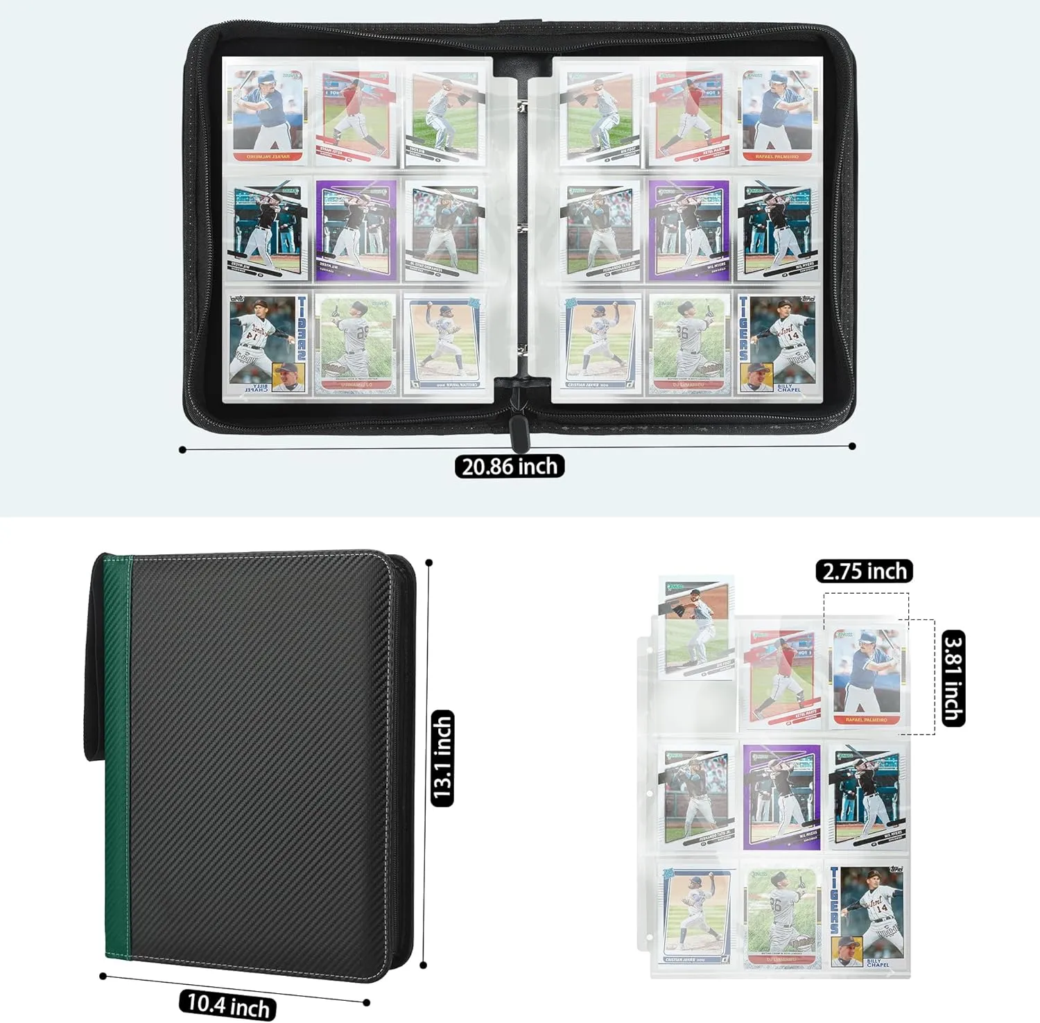 9 Pockets Trading Card Binder with Sleeves Card Organizer, 900 Double Sided Pocket PU Card Collection Binder, Baseball Binder,for Sports Card, MTG, TCG Yugioh Card (Green)