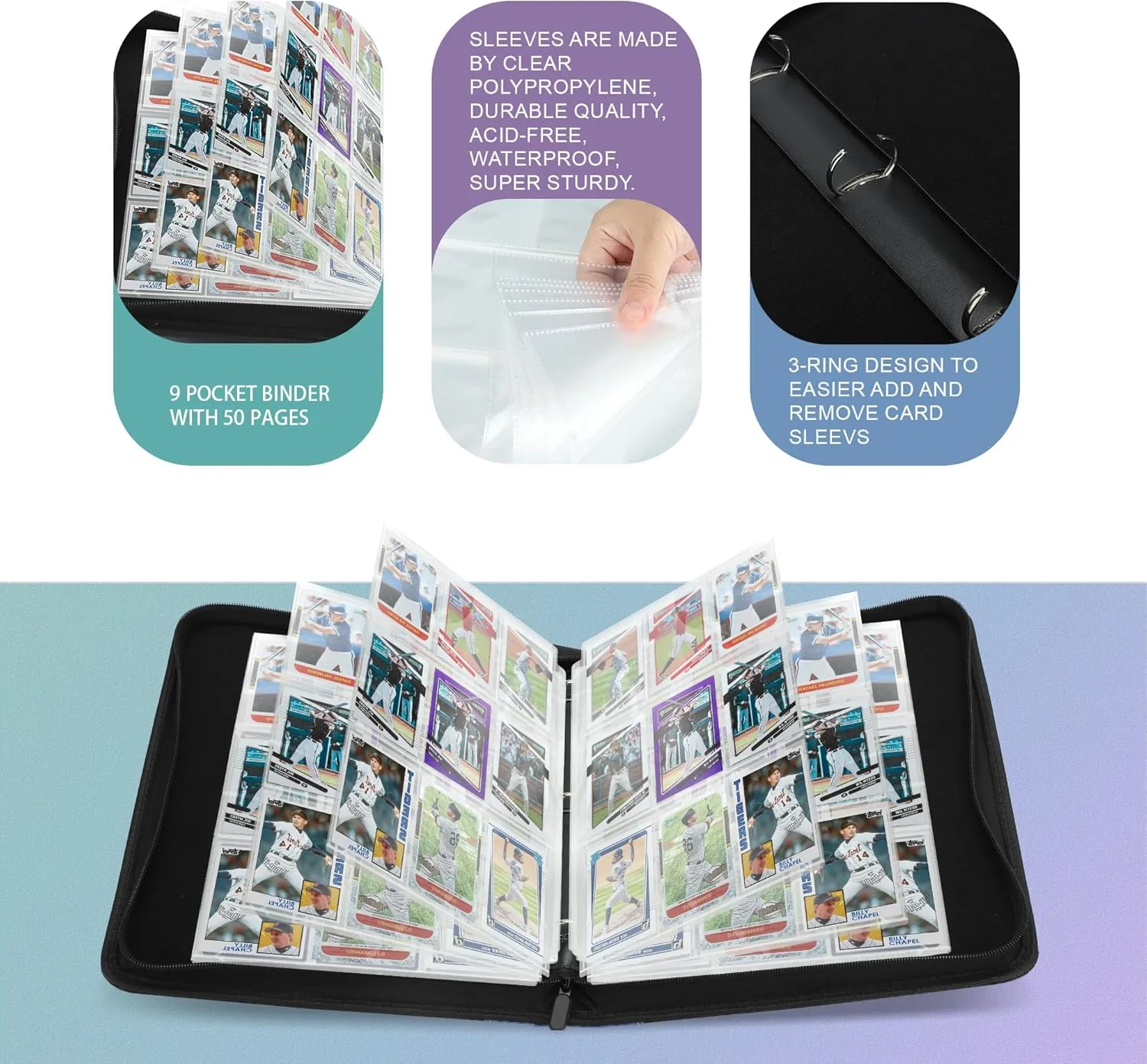 9 Pockets Trading Card Binder with Sleeves Card Organizer, 900 Double Sided Pocket PU Card Collection Binder, Baseball Binder,for Sports Card, MTG, TCG Yugioh Card (White)