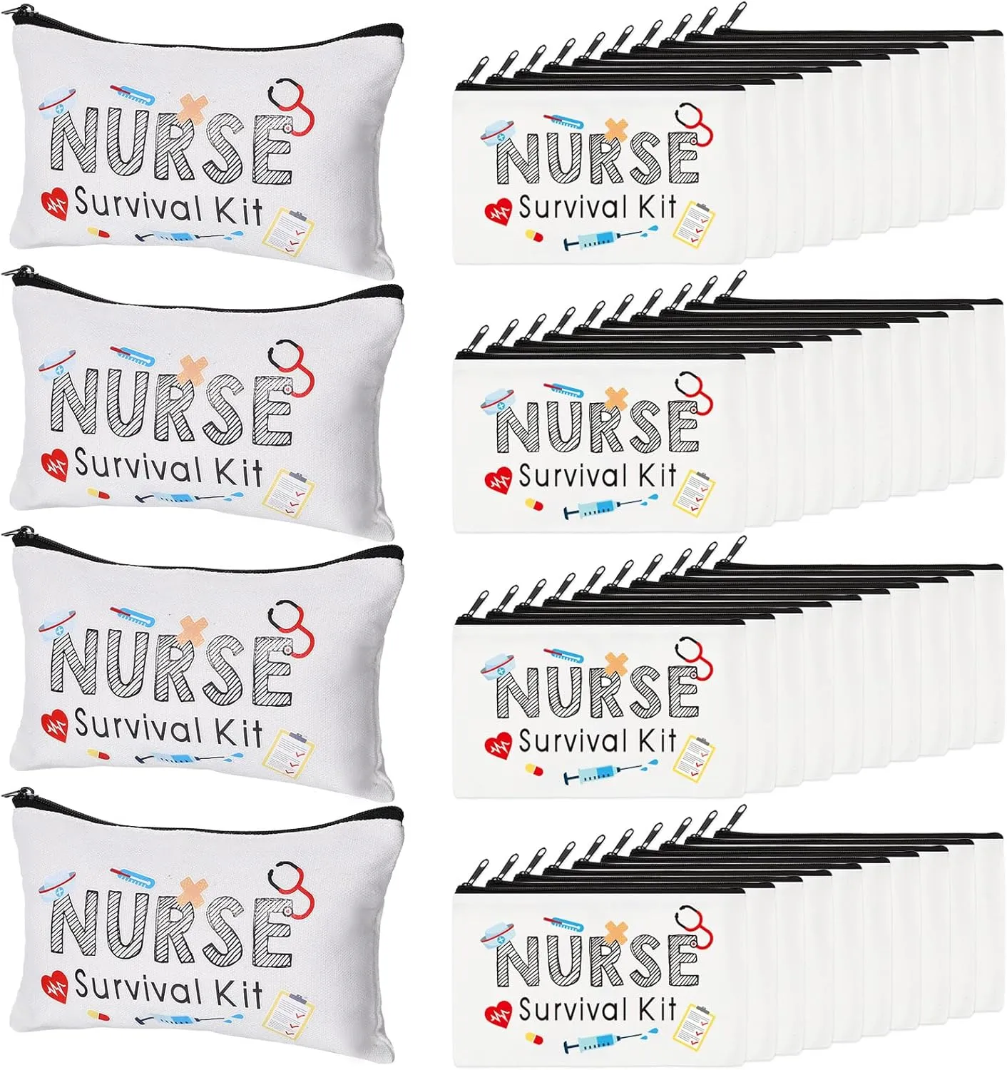 Abbylike 50 Pieces Nurse Gift Bag Survival Kit Makeup Bags Canvas Multi Purpose Zipper Pouch Funny Travel Bag for Birthday Nurse Week Practitioner Gifts for Women, 7.09 x 4.33 Inch(White)