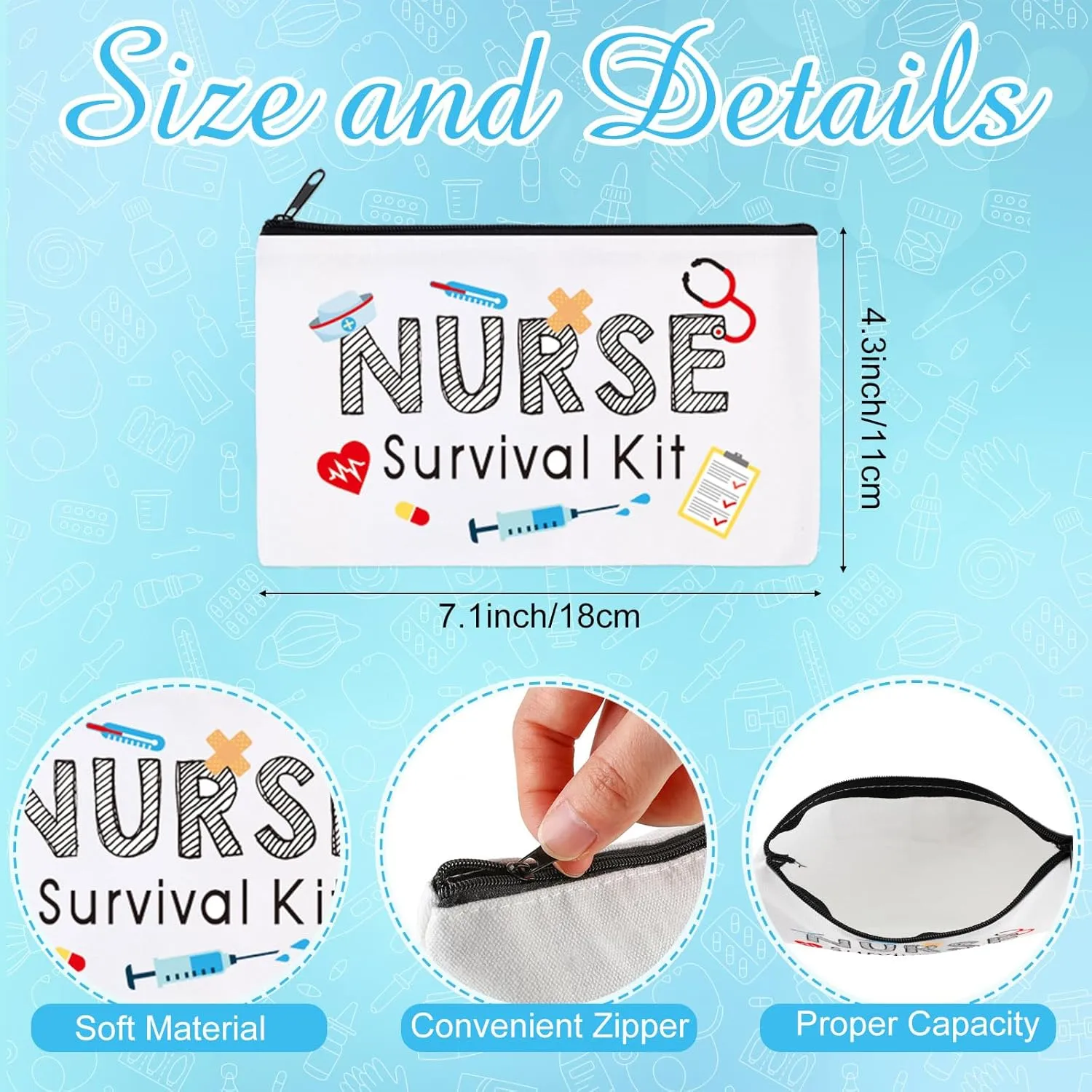 Abbylike 50 Pieces Nurse Gift Bag Survival Kit Makeup Bags Canvas Multi Purpose Zipper Pouch Funny Travel Bag for Birthday Nurse Week Practitioner Gifts for Women, 7.09 x 4.33 Inch(White)