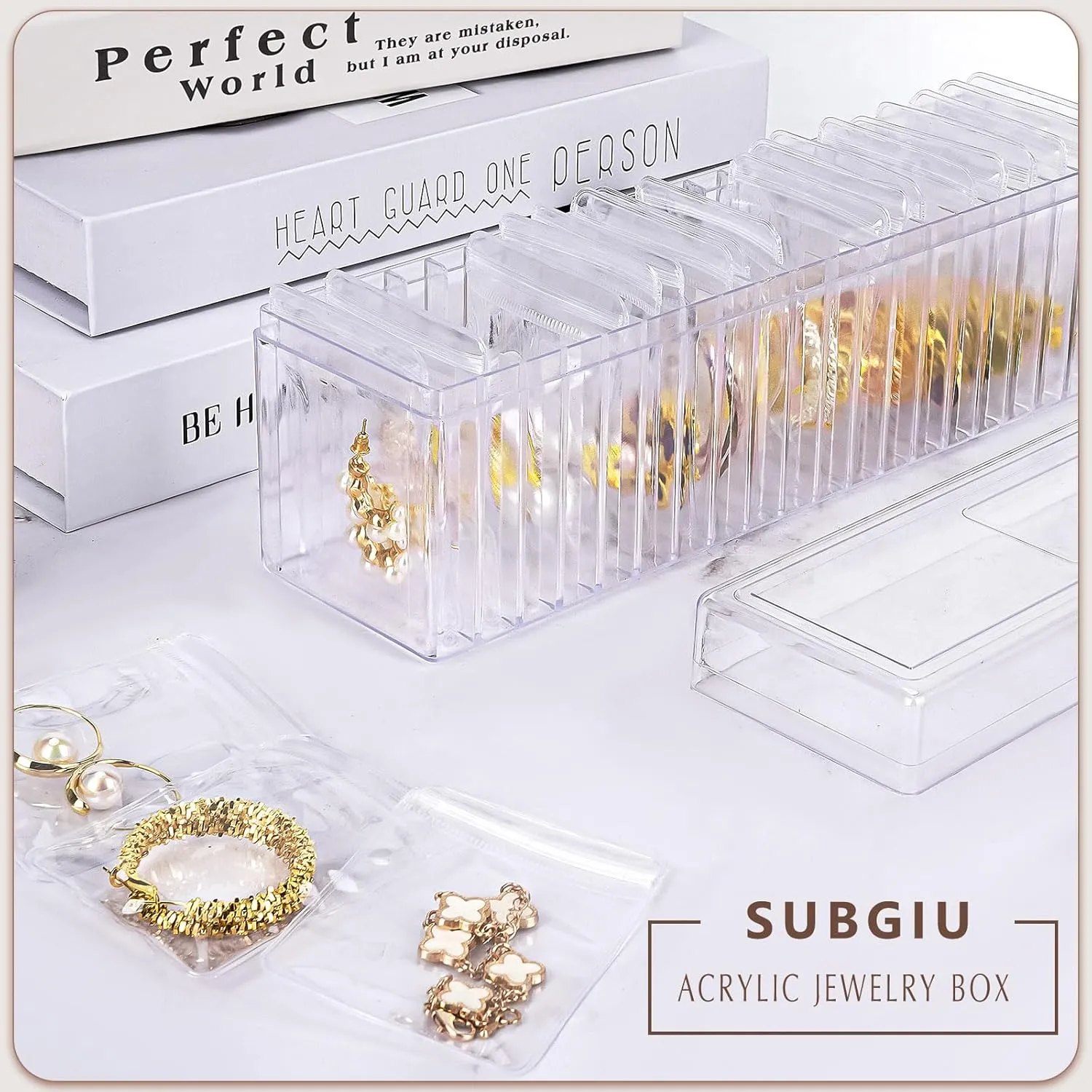 Acrylic Jewelry Box Organizer Clear Jewelry Organizer With Lid - Travel Storage Case, for Earrings, Rings, Necklaces - 2 Piece Clear Box, With 40 Portable Anti Tarnish Jewelry bags