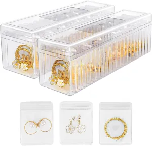 Acrylic Jewelry Box Organizer Clear Jewelry Organizer With Lid - Travel Storage Case, for Earrings, Rings, Necklaces - 2 Piece Clear Box, With 40 Portable Anti Tarnish Jewelry bags