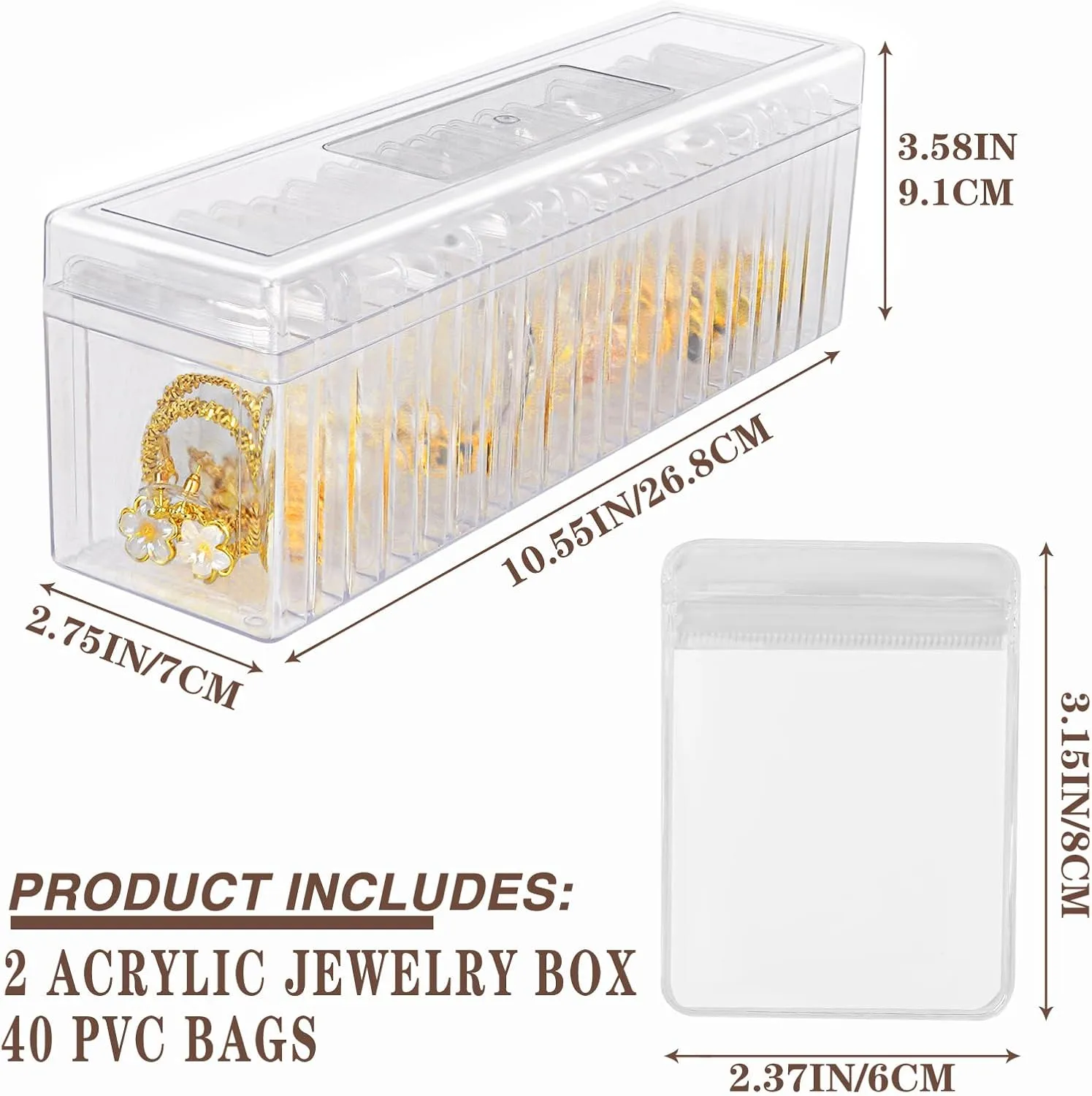 Acrylic Jewelry Box Organizer Clear Jewelry Organizer With Lid - Travel Storage Case, for Earrings, Rings, Necklaces - 2 Piece Clear Box, With 40 Portable Anti Tarnish Jewelry bags