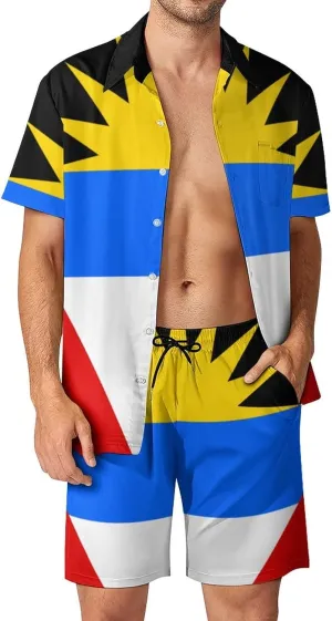 Adugen Origei Summer Combo Men's Two Piece Matching Sets Antigua and Barbuda Flag Beach Suit Button-Up Shirt Hawaiian Shirt XL