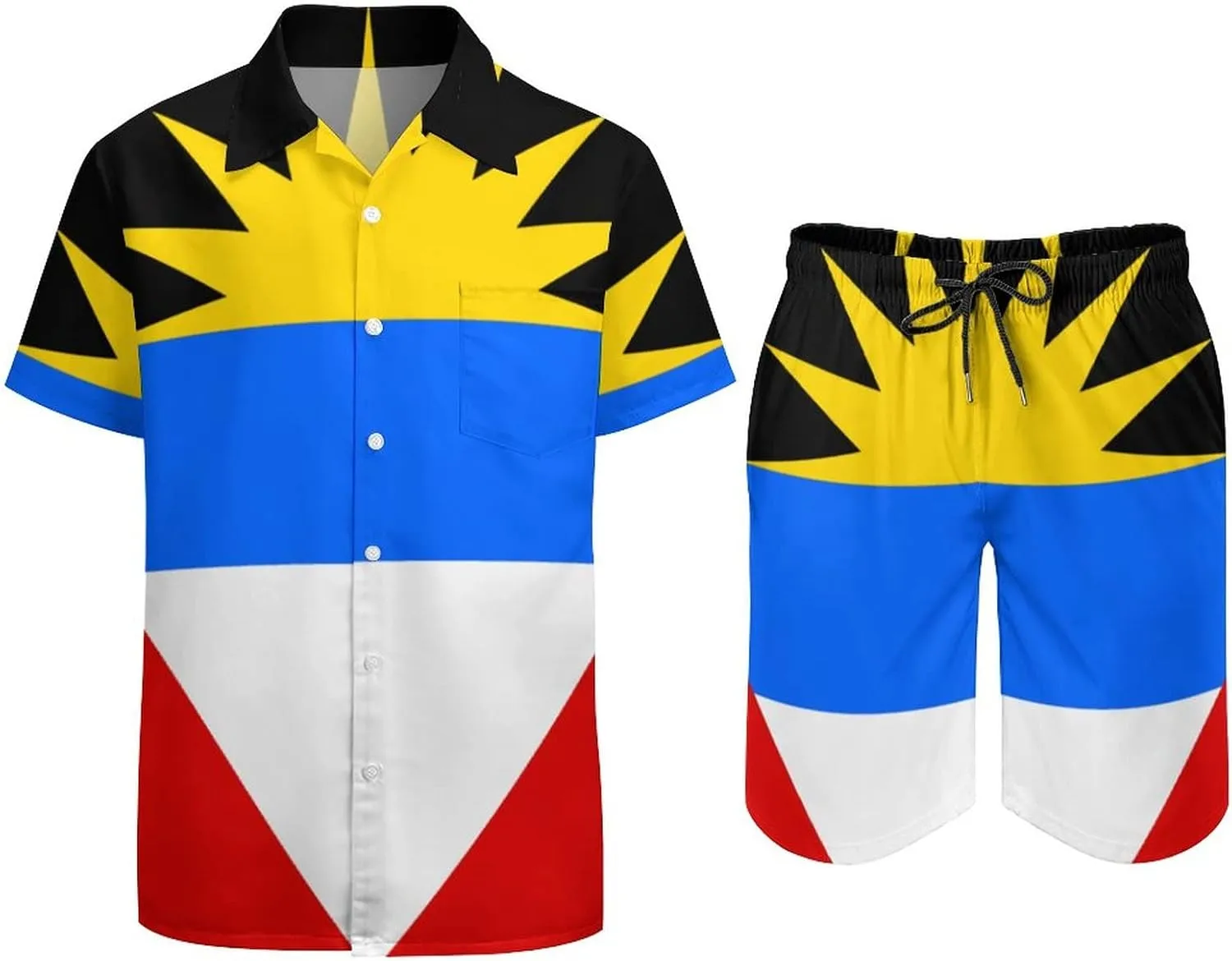 Adugen Origei Summer Combo Men's Two Piece Matching Sets Antigua and Barbuda Flag Beach Suit Button-Up Shirt Hawaiian Shirt XL
