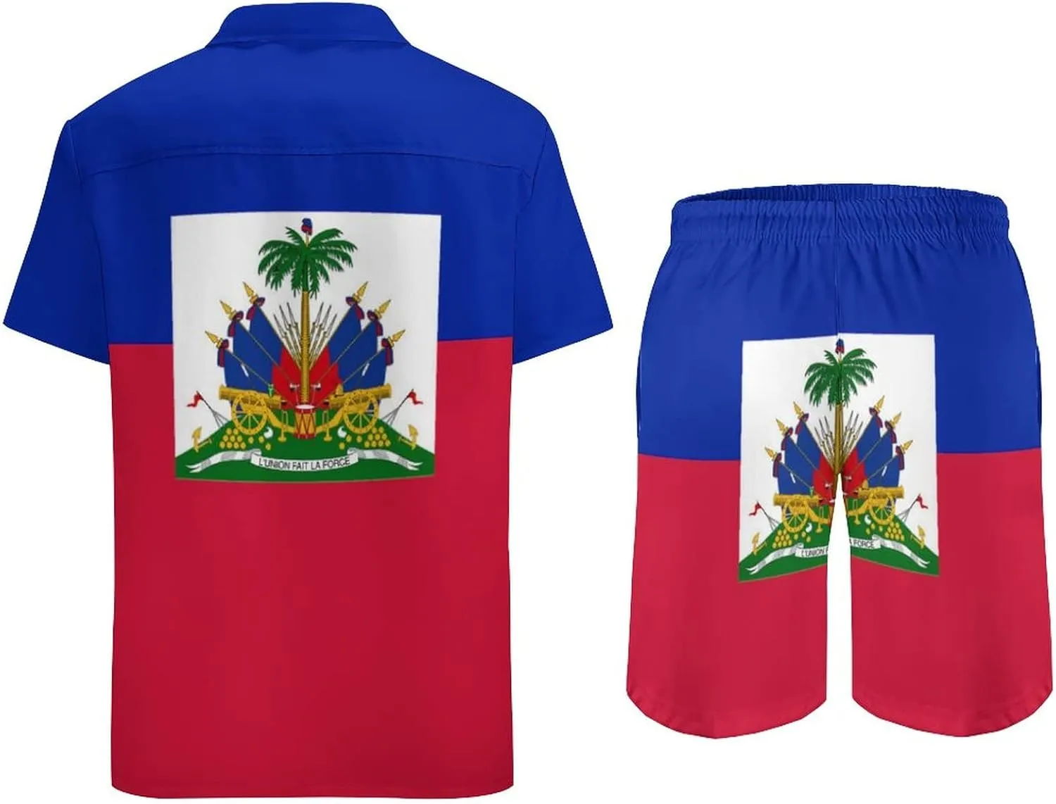 Adugen Origei Summer Combo Men's Two Piece Matching Sets Haiti Flag Beach Suit Button-Up Shirt Hawaiian Shirt S