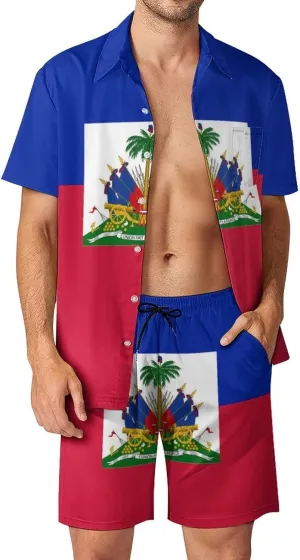 Adugen Origei Summer Combo Men's Two Piece Matching Sets Haiti Flag Beach Suit Button-Up Shirt Hawaiian Shirt S
