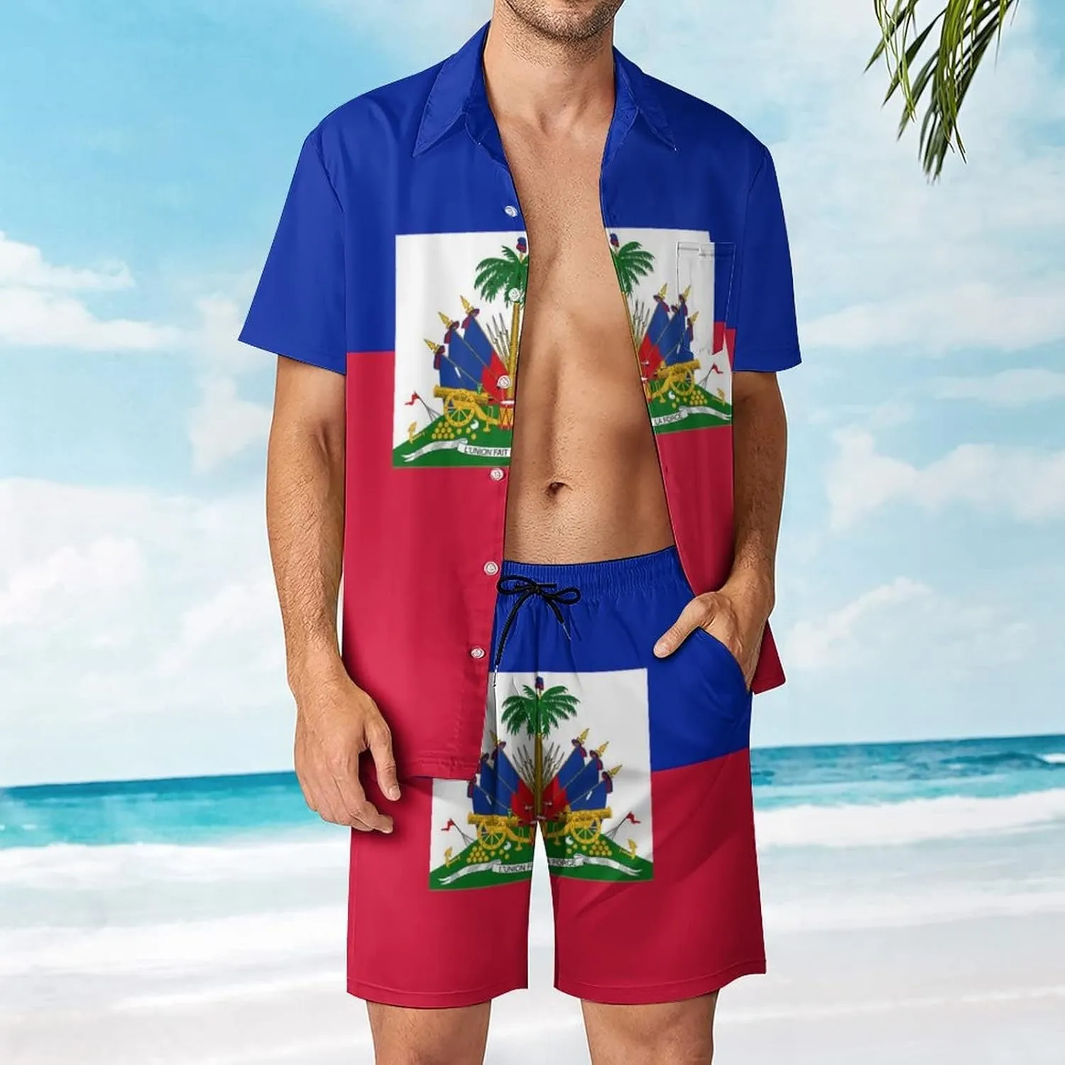 Adugen Origei Summer Combo Men's Two Piece Matching Sets Haiti Flag Beach Suit Button-Up Shirt Hawaiian Shirt S
