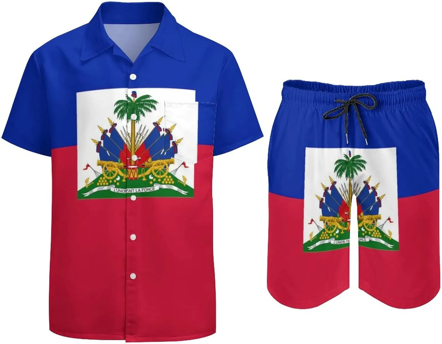 Adugen Origei Summer Combo Men's Two Piece Matching Sets Haiti Flag Beach Suit Button-Up Shirt Hawaiian Shirt S