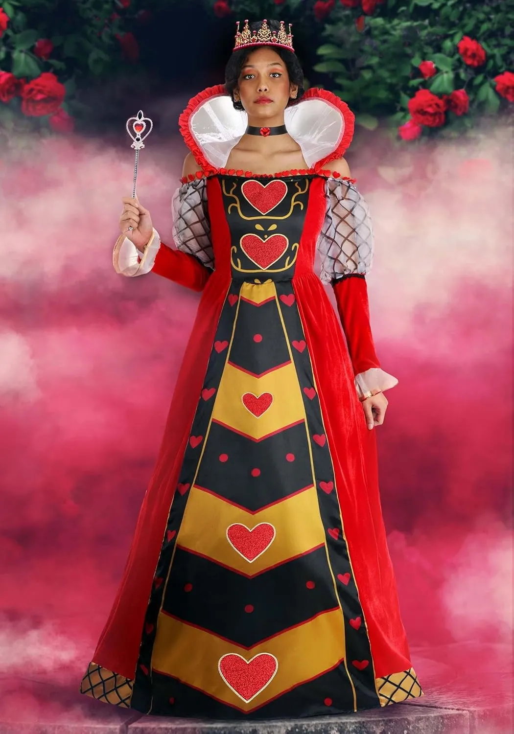 Adult Queen Of Hearts Costume | Velvet Royal Dress, Alice In Wonderland Monarchy Red Women's Outfit