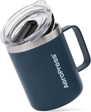AeroPress Travel Coffee Mug with Handle, Double-Wall Vacuum Insulated Stainless Steel with Splash-Resistant Slider Lid, Compatible for Hot or Cold Drinks, Dishwasher Safe, 12 oz, Blue