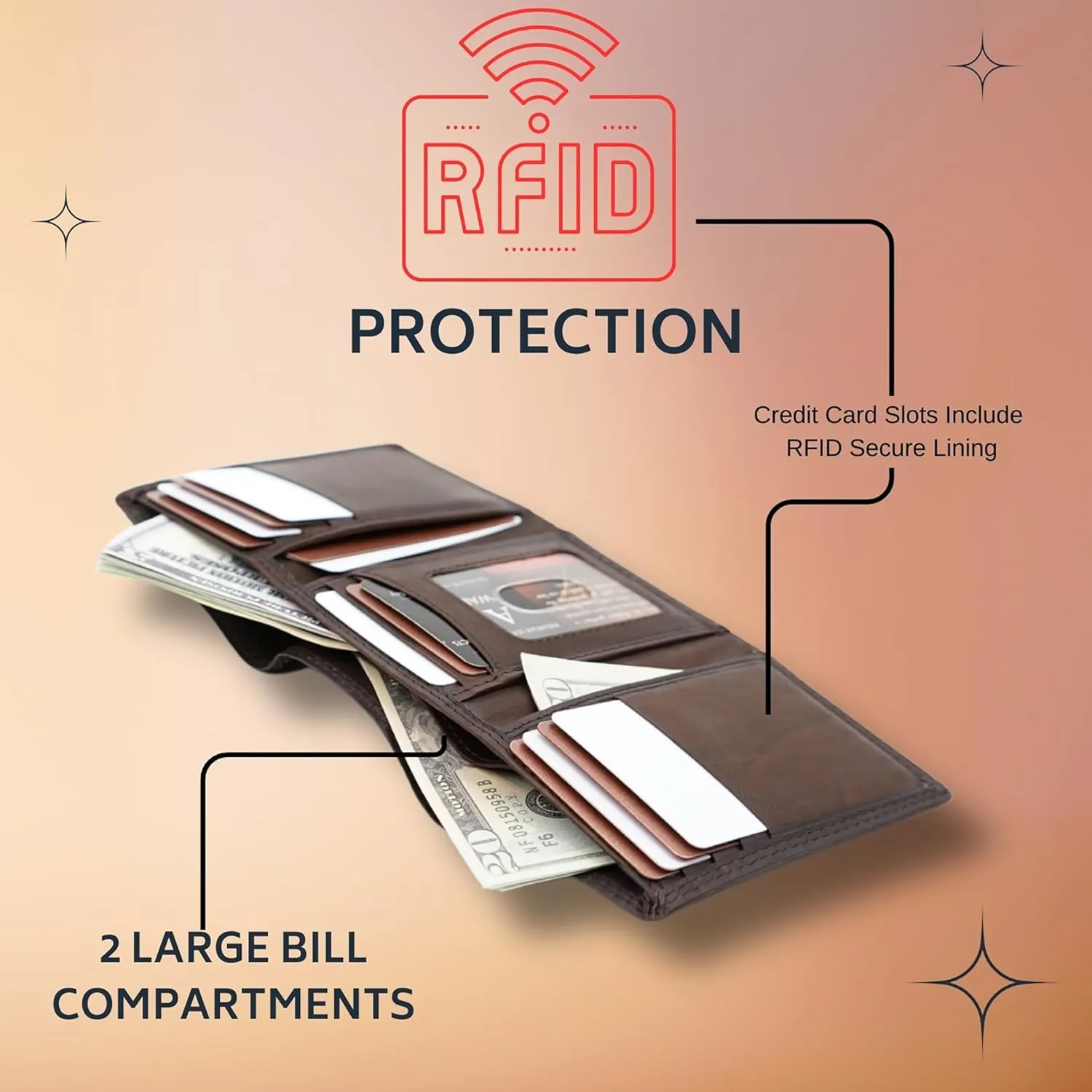 AG Wallets RFID Blocking Wallet for Men - Trifold Minimalist Slim Wallet with 10 Credit Card Slots & 3 Side Slots - 100% Genuine Leather Travel Wallet - Secure Compact Wallet - Brown