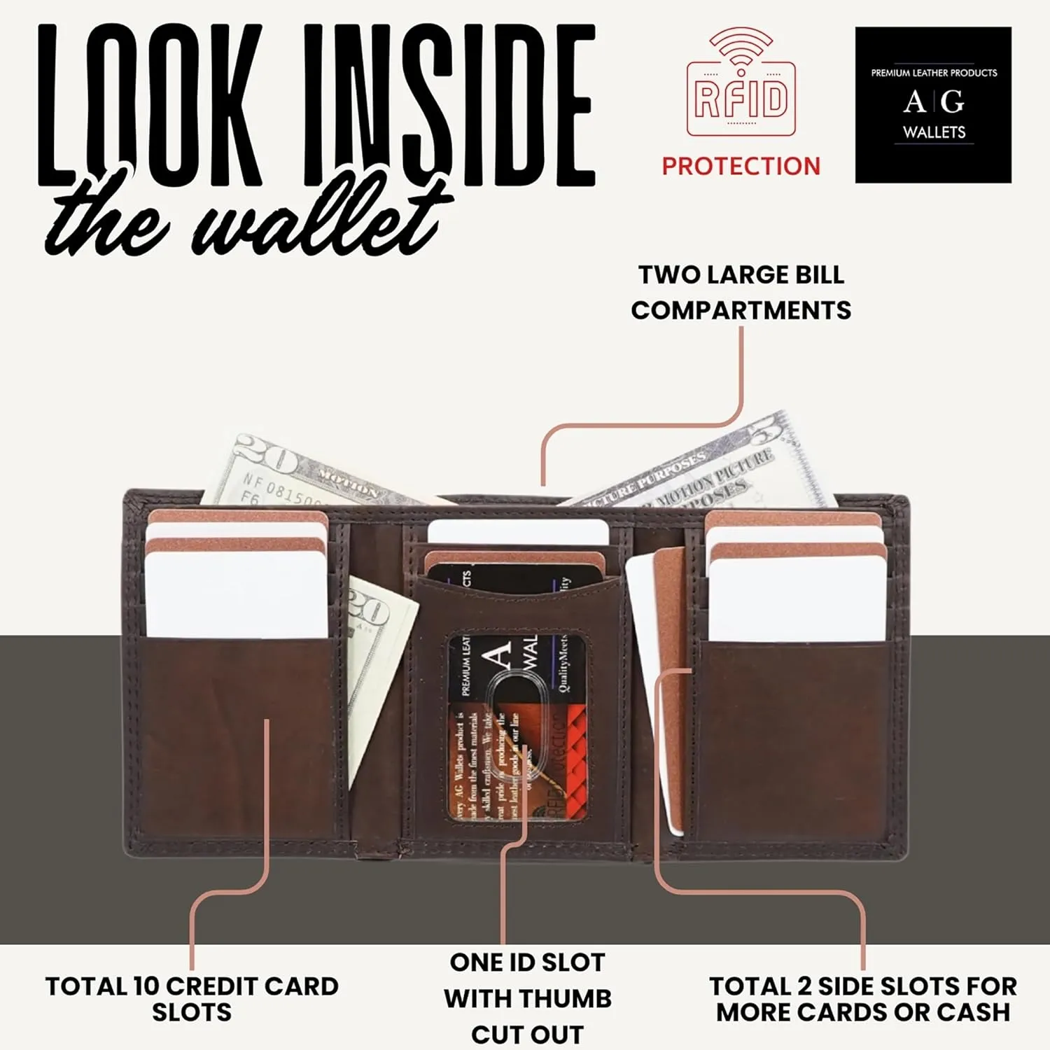 AG Wallets RFID Blocking Wallet for Men - Trifold Minimalist Slim Wallet with 10 Credit Card Slots & 3 Side Slots - 100% Genuine Leather Travel Wallet - Secure Compact Wallet - Brown