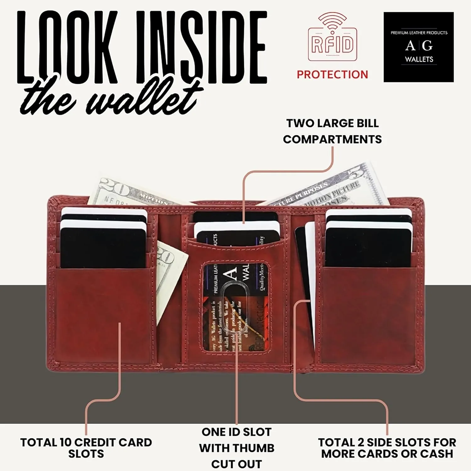 AG Wallets RFID Blocking Wallet for Men - Trifold Minimalist Slim Wallet with 10 Credit Card Slots & 3 Side Slots - 100% Genuine Leather Travel Wallet - Secure Compact Wallet - Burgundy