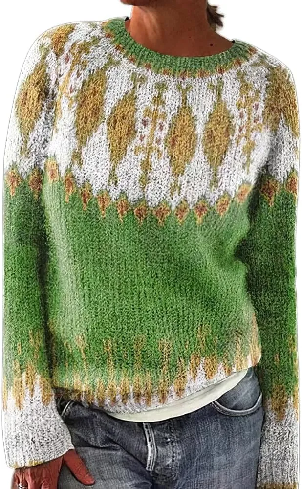 Akivide Women's Pullover Colorful Sweaters Casual Loose Long Sleeve Boho Knit Holiday Sweater Jumper Tops