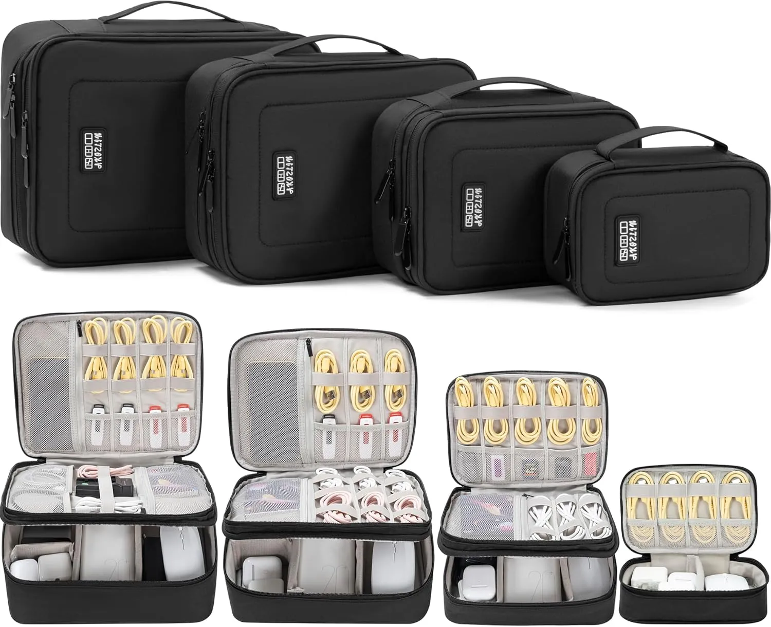 AKOZLIN Padded 4pcs/set Double Layer Travel Organizer Office Cord Cable Electronics Accessories Bag Electrical Cord Management Case Black