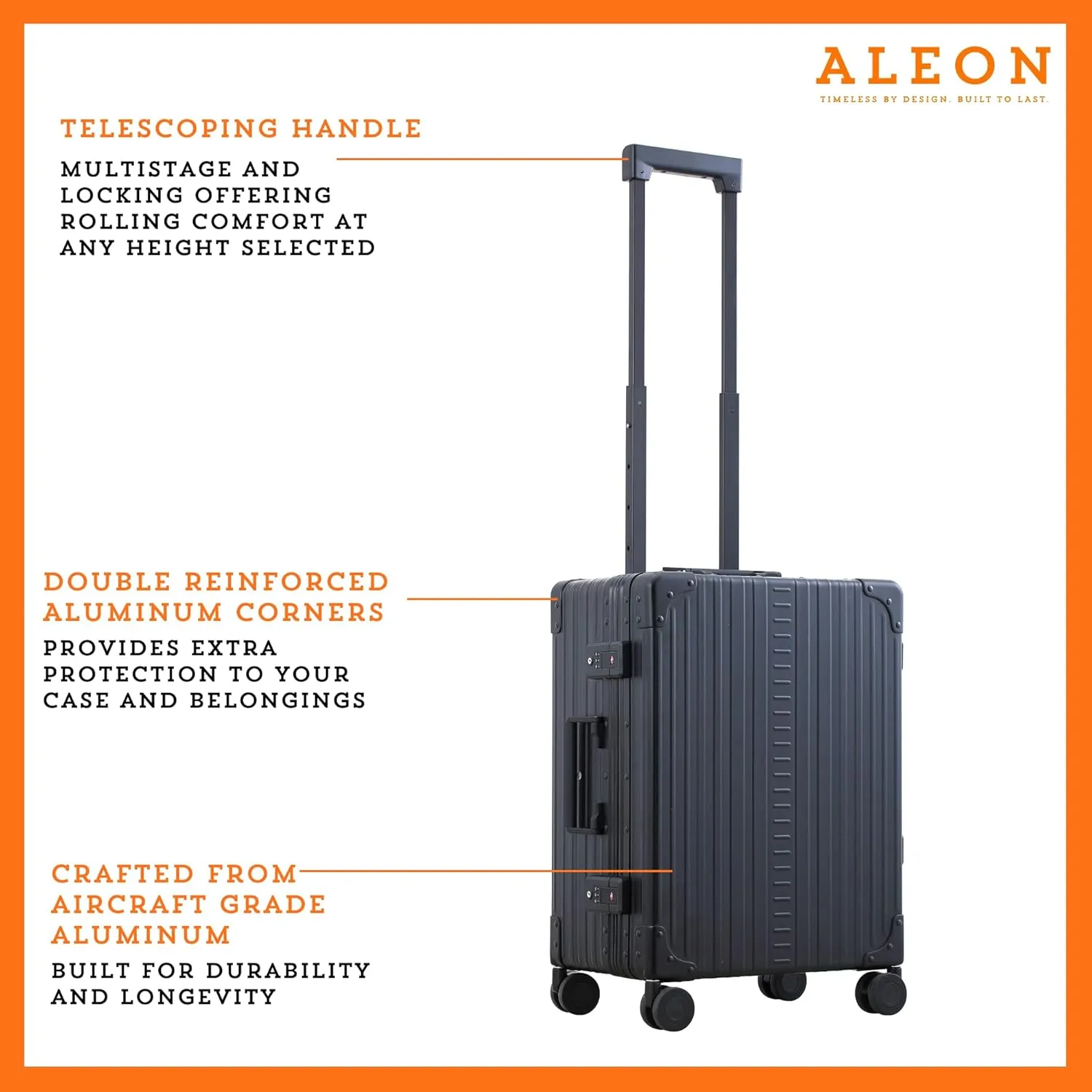 Aleon 21" Aluminum International Carry-On Luggage, Hardside Suitcase with Durable Hardshell, TSA Approved Heavy Duty Spinner Wheels, Rolling Travel Bag for Airplane, Premium Aluminum Shell (Onyx)