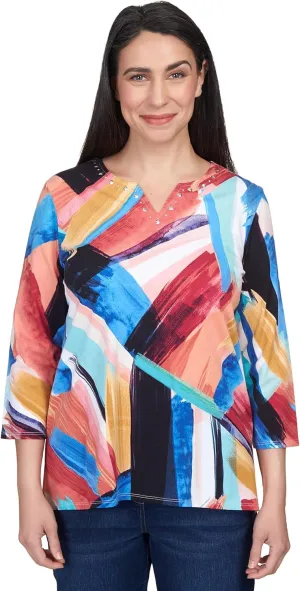 Alfred Dunner Cotton Brushstrokes Multicolor Top (US, Alpha, Small, Regular, Regular, Standard, Multi)