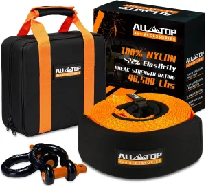 ALL-TOP Extreme Duty Tow Strap Recovery Kit: 4inch x 20ft (46,500lbs) 100% Nylon and 22% Elongation Snatch Strap   3/4 Heavy Duty D Ring Shackles (2pcs)   Storage Bag