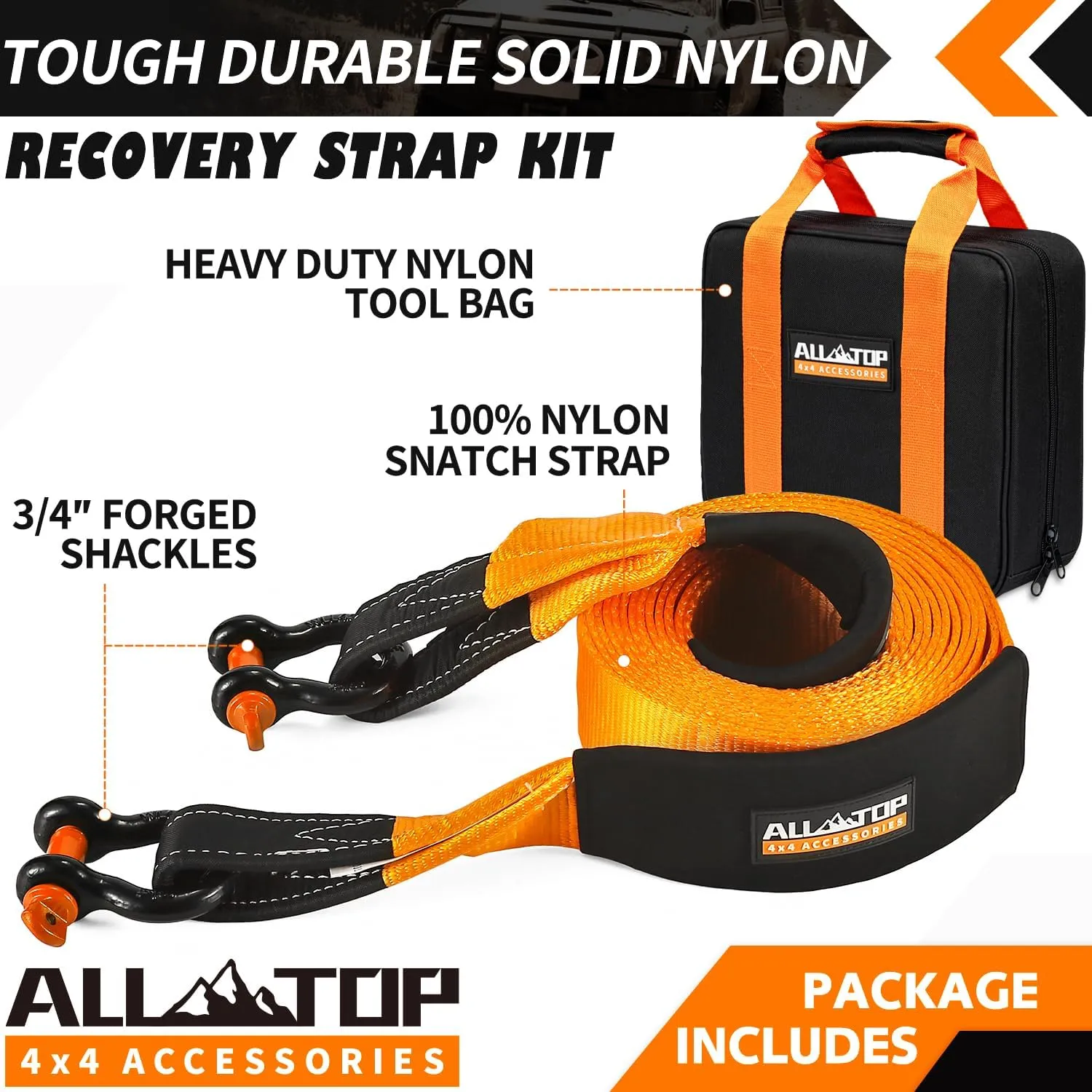 ALL-TOP Extreme Duty Tow Strap Recovery Kit: 4inch x 20ft (46,500lbs) 100% Nylon and 22% Elongation Snatch Strap   3/4 Heavy Duty D Ring Shackles (2pcs)   Storage Bag