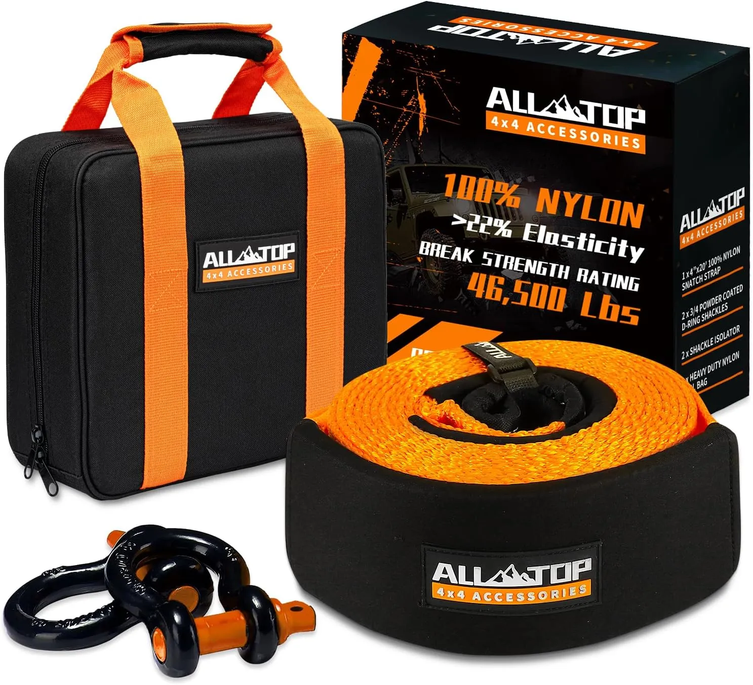 ALL-TOP Extreme Duty Tow Strap Recovery Kit: 4inch x 20ft (46,500lbs) 100% Nylon and 22% Elongation Snatch Strap   3/4 Heavy Duty D Ring Shackles (2pcs)   Storage Bag