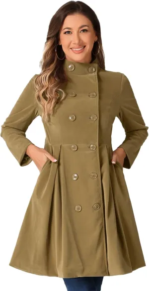 Allegra K Velvet A-Line Coat for Women's Christmas Double Breasted Winter Swing Coats