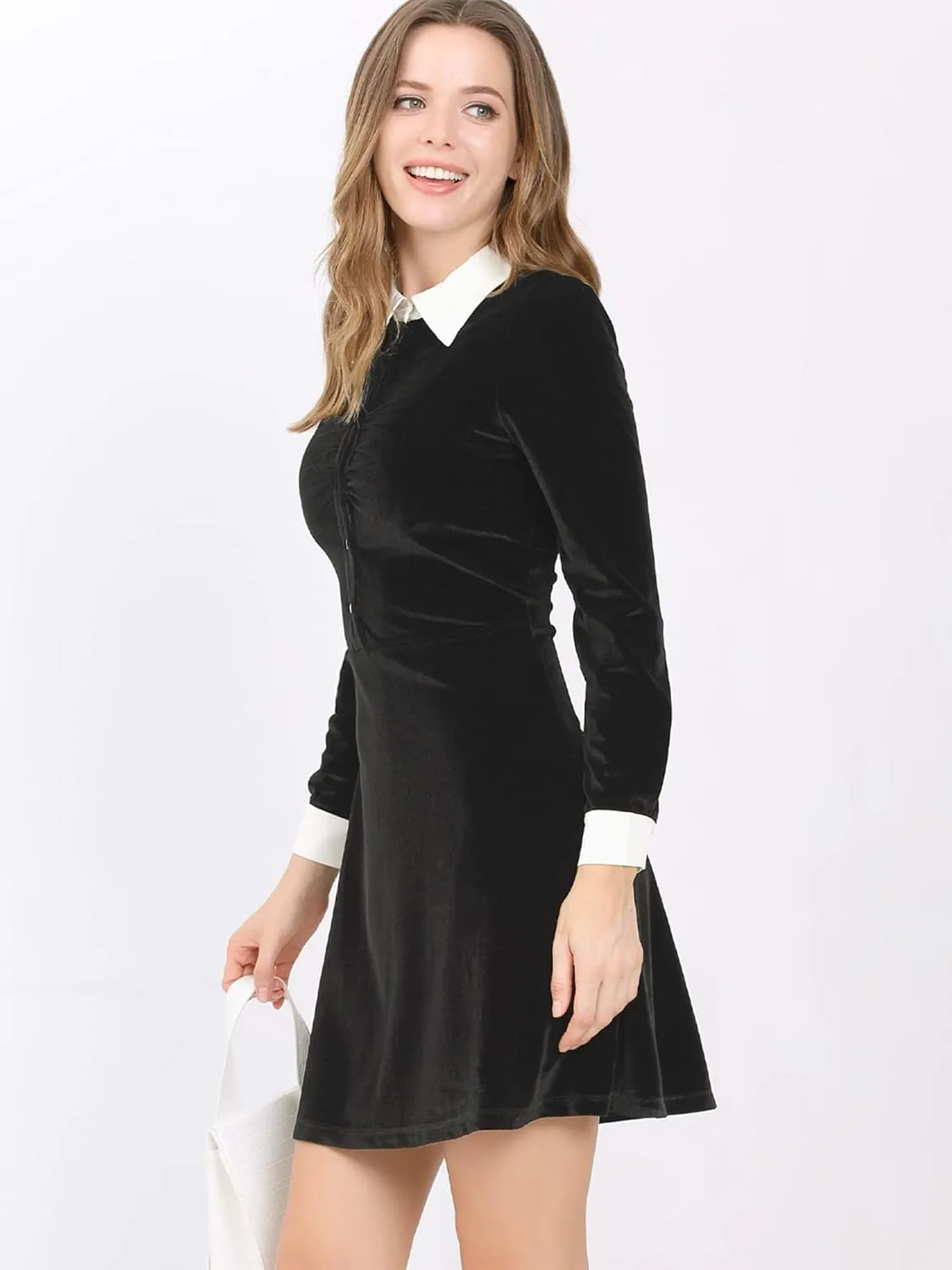 Allegra K Women's Halloween Velvet Long Sleeves Contrast Collar Casual Party A-Line Mini Dress
