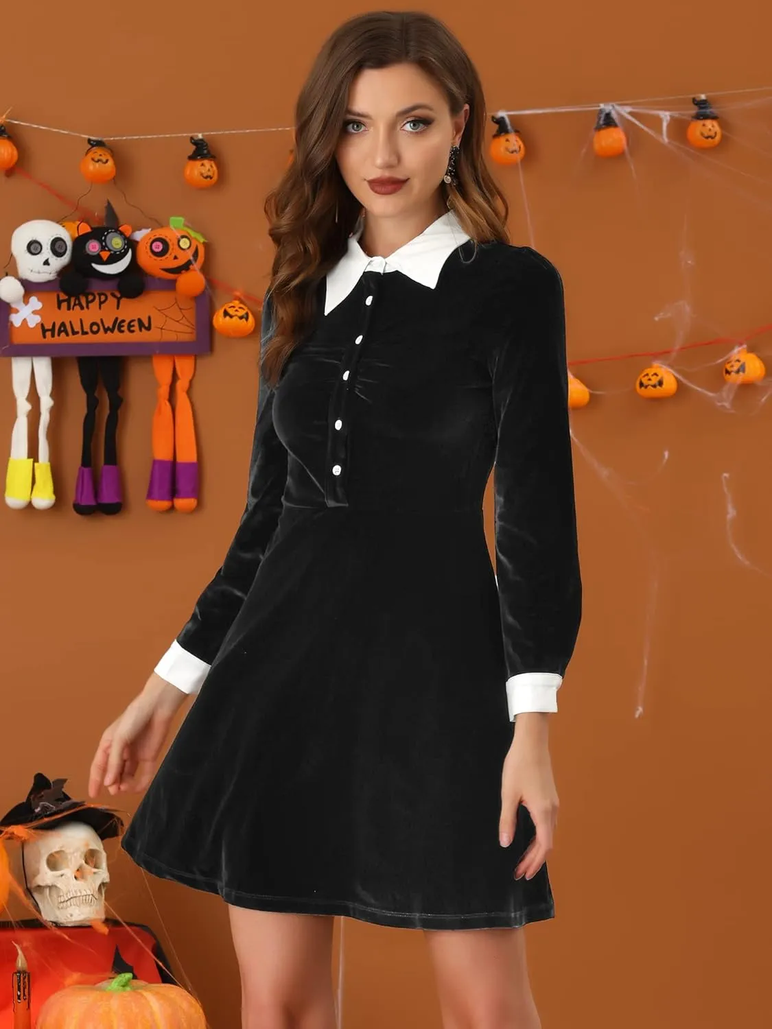 Allegra K Women's Halloween Velvet Long Sleeves Contrast Collar Casual Party A-Line Mini Dress