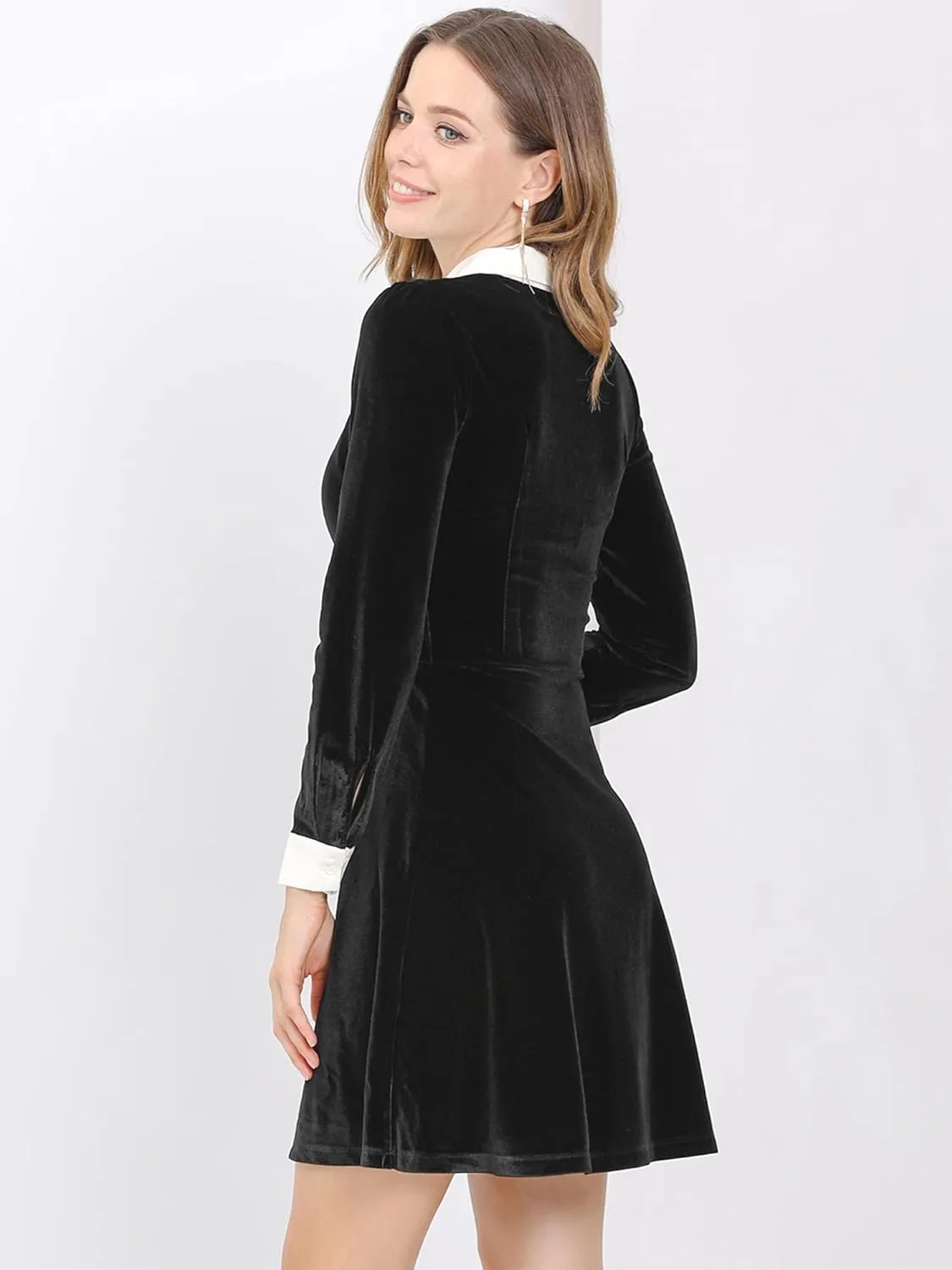 Allegra K Women's Halloween Velvet Long Sleeves Contrast Collar Casual Party A-Line Mini Dress