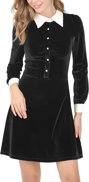 Allegra K Women's Halloween Velvet Long Sleeves Contrast Collar Casual Party A-Line Mini Dress