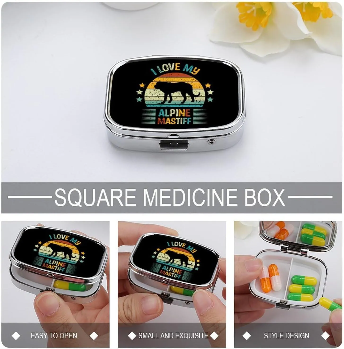 Alpines Mastiff Retro Print Travel Pill Box 2 Compartment Organizer for Vitamins & Fish Oil