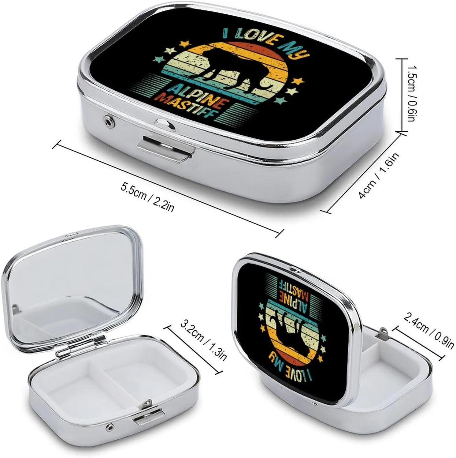Alpines Mastiff Retro Print Travel Pill Box 2 Compartment Organizer for Vitamins & Fish Oil