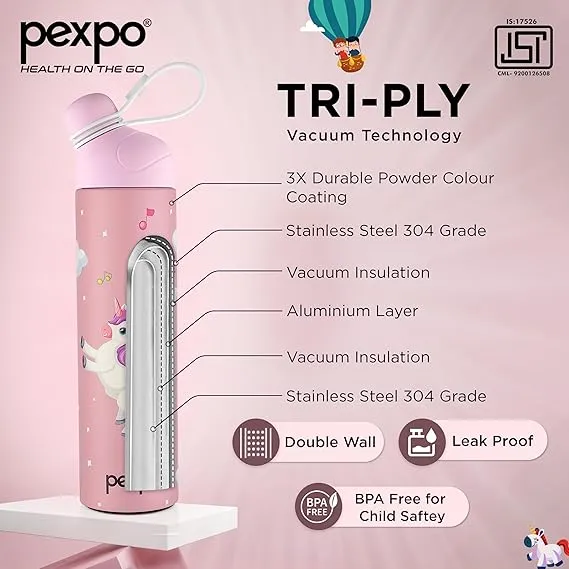 AM2231 Pexpo Pico Stainless Steel Water Bottle Vaccum Insulated Rocket Print Design 500 ml