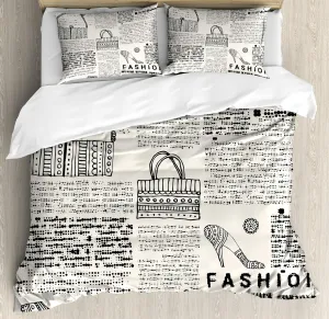 Ambesonne Old Newspaper Duvet Cover Set, Vintage Fashion Themed Shoes Handbag Purses with Ornate Details Retro, Decorative 3 Piece Bedding Set with 2 Pillow Shams, Queen Size, Black Cream