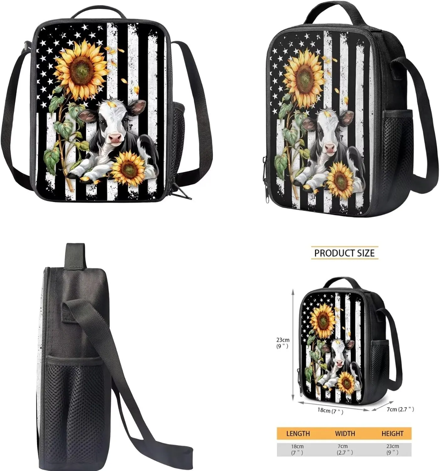 American Flag Cow Sunflower Backpack School Bag and Lunch Box Pencil Bag 3 Pieces Set Lightweight Cute Preschool Elementary School Bookbag Pencil Case for Kids Boys Daypack