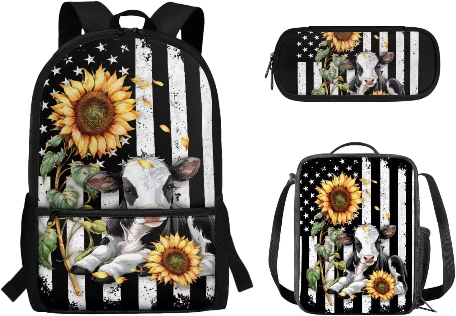 American Flag Cow Sunflower Backpack School Bag and Lunch Box Pencil Bag 3 Pieces Set Lightweight Cute Preschool Elementary School Bookbag Pencil Case for Kids Boys Daypack