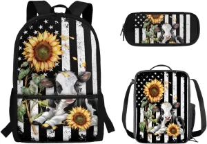 American Flag Cow Sunflower Backpack School Bag and Lunch Box Pencil Bag 3 Pieces Set Lightweight Cute Preschool Elementary School Bookbag Pencil Case for Kids Boys Daypack