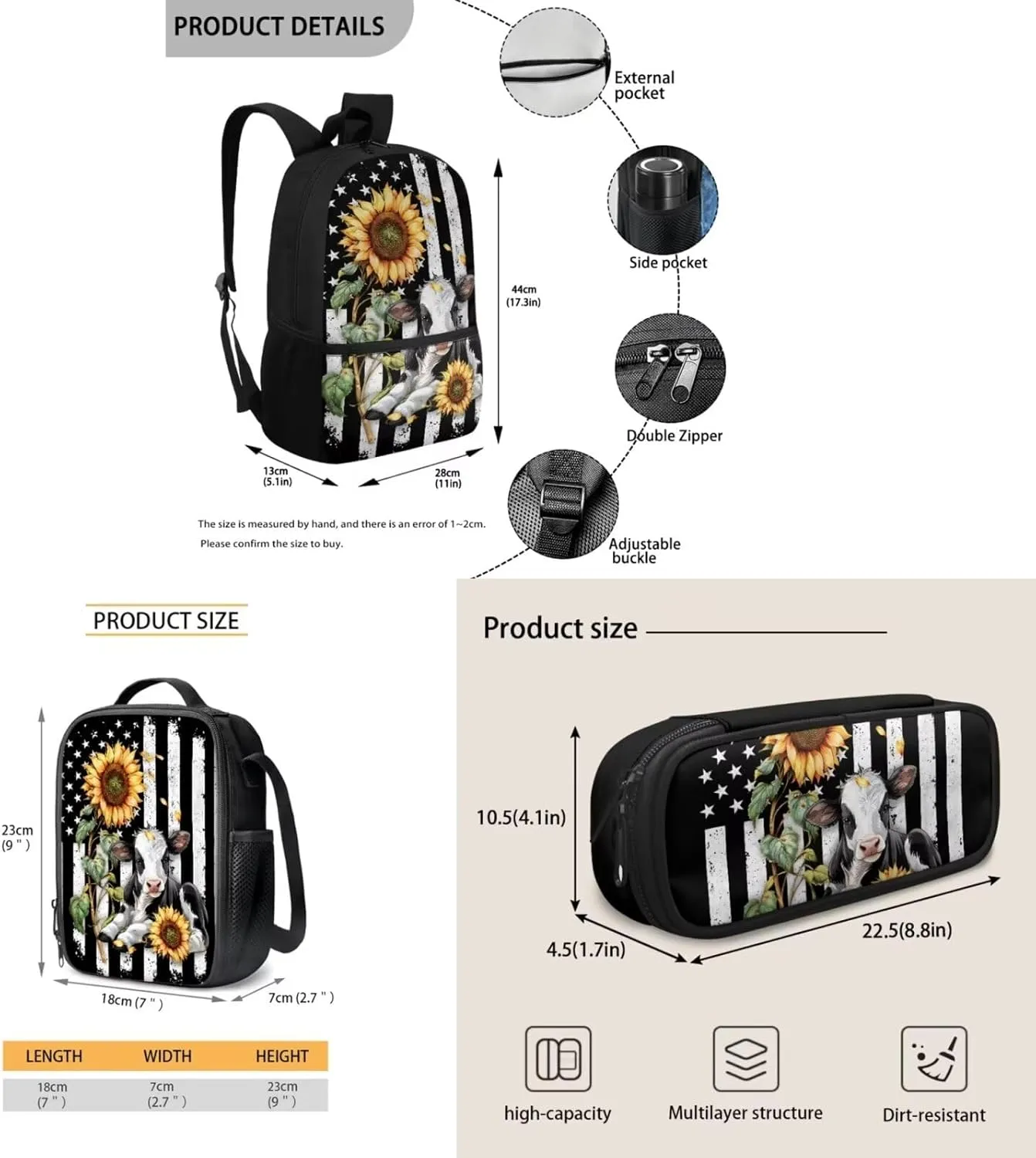 American Flag Cow Sunflower Backpack School Bag and Lunch Box Pencil Bag 3 Pieces Set Lightweight Cute Preschool Elementary School Bookbag Pencil Case for Kids Boys Daypack