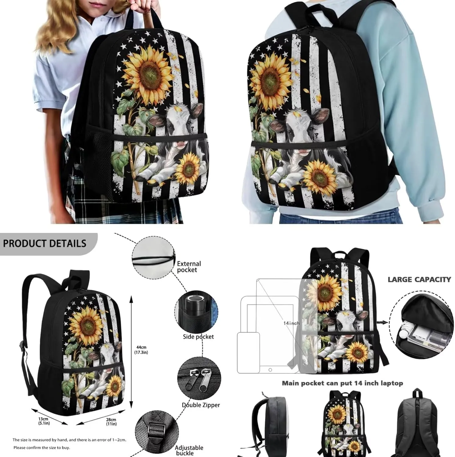 American Flag Cow Sunflower Backpack School Bag and Lunch Box Pencil Bag 3 Pieces Set Lightweight Cute Preschool Elementary School Bookbag Pencil Case for Kids Boys Daypack