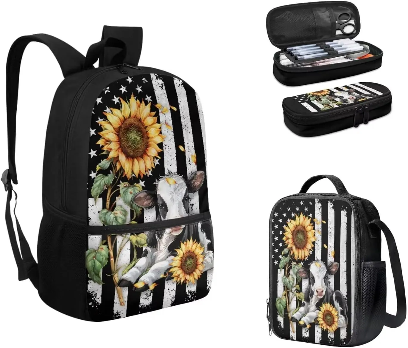 American Flag Cow Sunflower Backpack School Bag and Lunch Box Pencil Bag 3 Pieces Set Lightweight Cute Preschool Elementary School Bookbag Pencil Case for Kids Boys Daypack