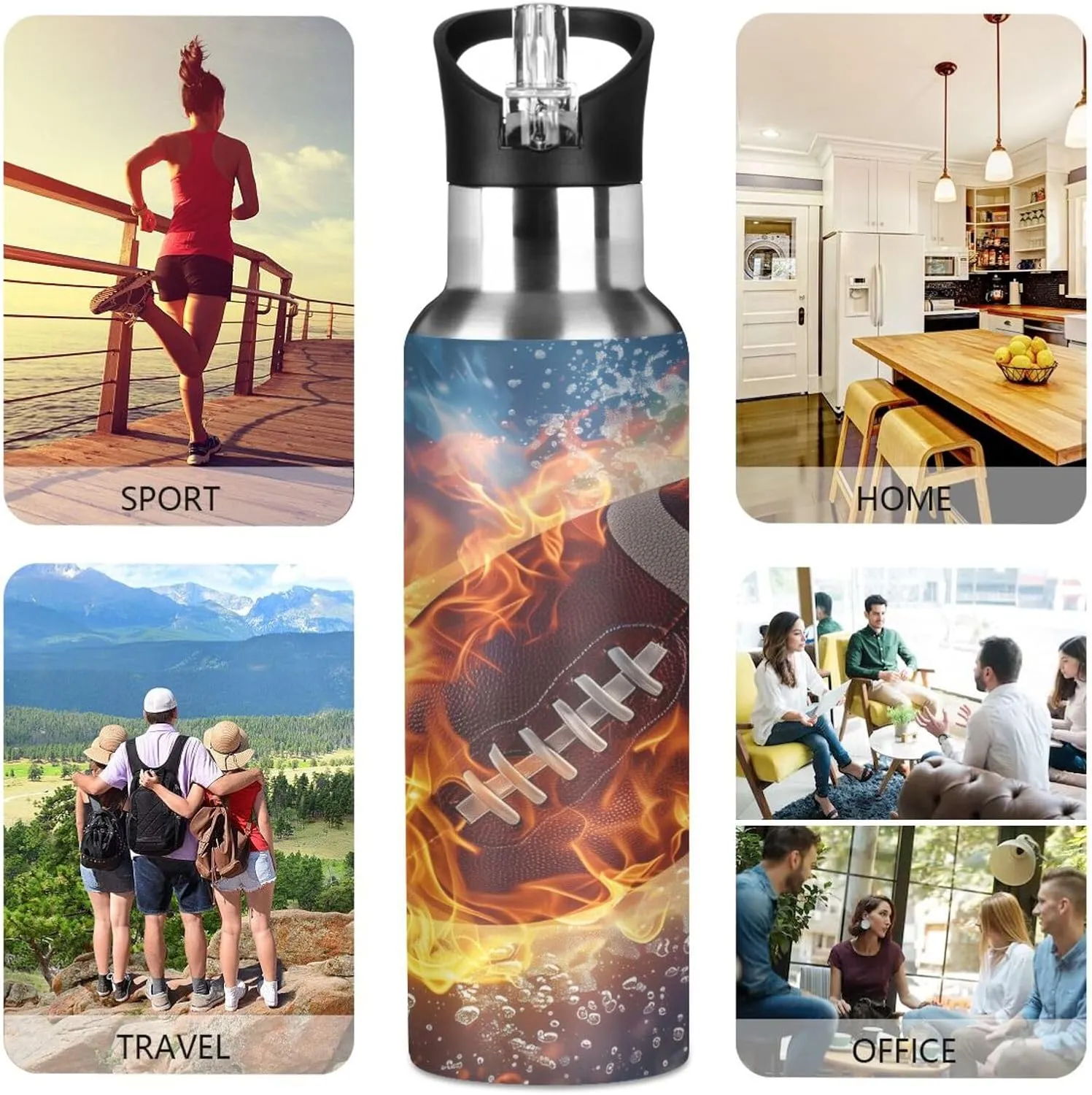 American Football Water Flame Water Bottle Leakproof Insulated Stainless Steel Hot Cold Water Flask with Straw Lid for Sports Travel 20 oz