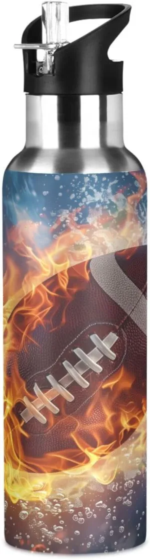 American Football Water Flame Water Bottle Leakproof Insulated Stainless Steel Hot Cold Water Flask with Straw Lid for Sports Travel 20 oz