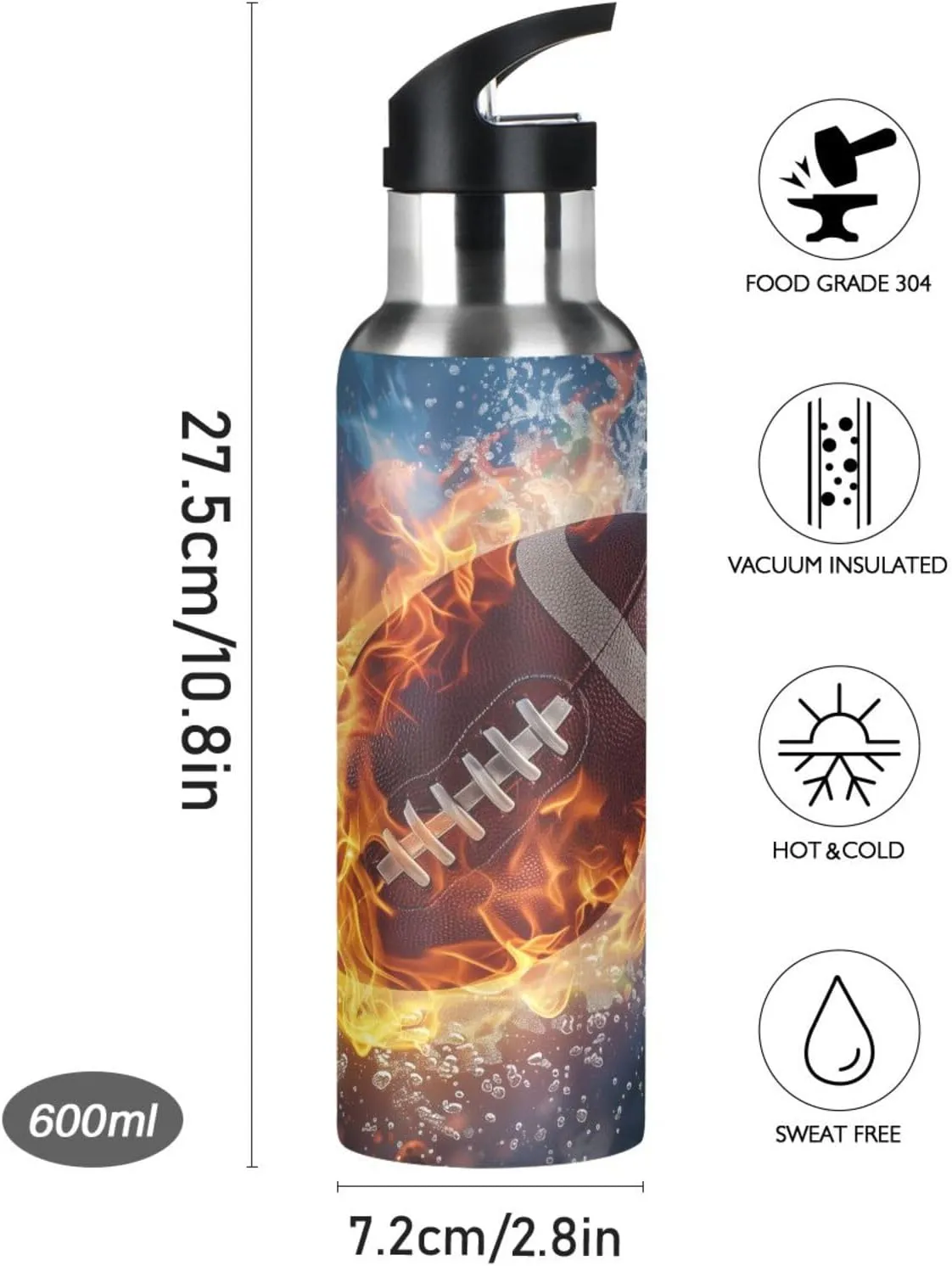 American Football Water Flame Water Bottle Leakproof Insulated Stainless Steel Hot Cold Water Flask with Straw Lid for Sports Travel 20 oz