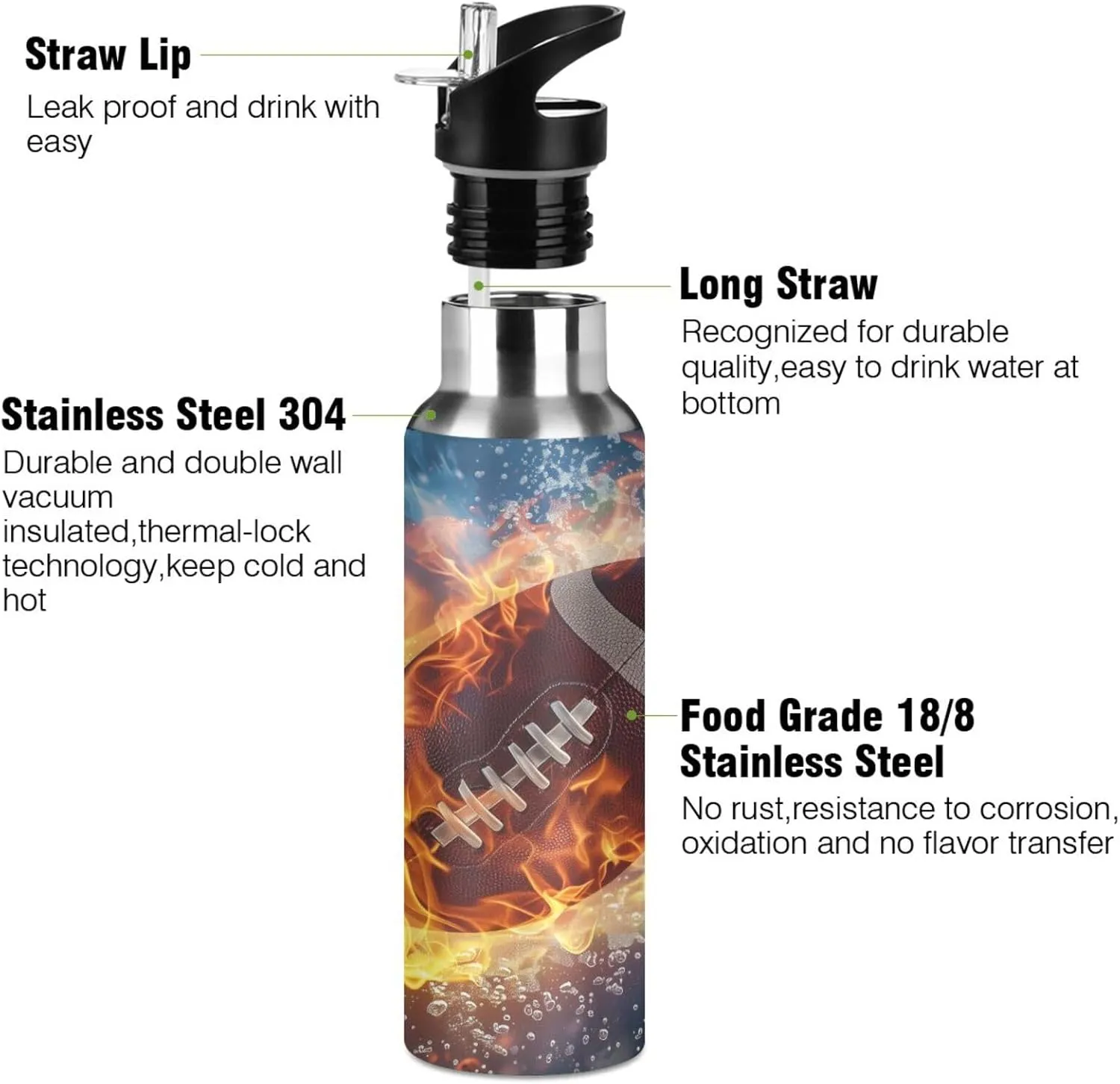American Football Water Flame Water Bottle Leakproof Insulated Stainless Steel Hot Cold Water Flask with Straw Lid for Sports Travel 20 oz