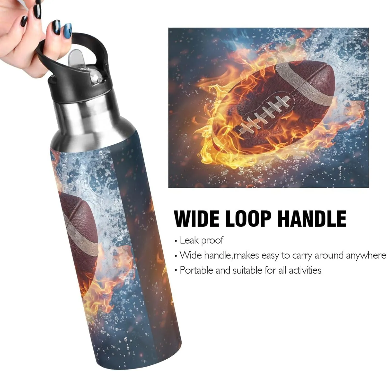 American Football Water Flame Water Bottle Leakproof Insulated Stainless Steel Hot Cold Water Flask with Straw Lid for Sports Travel 20 oz