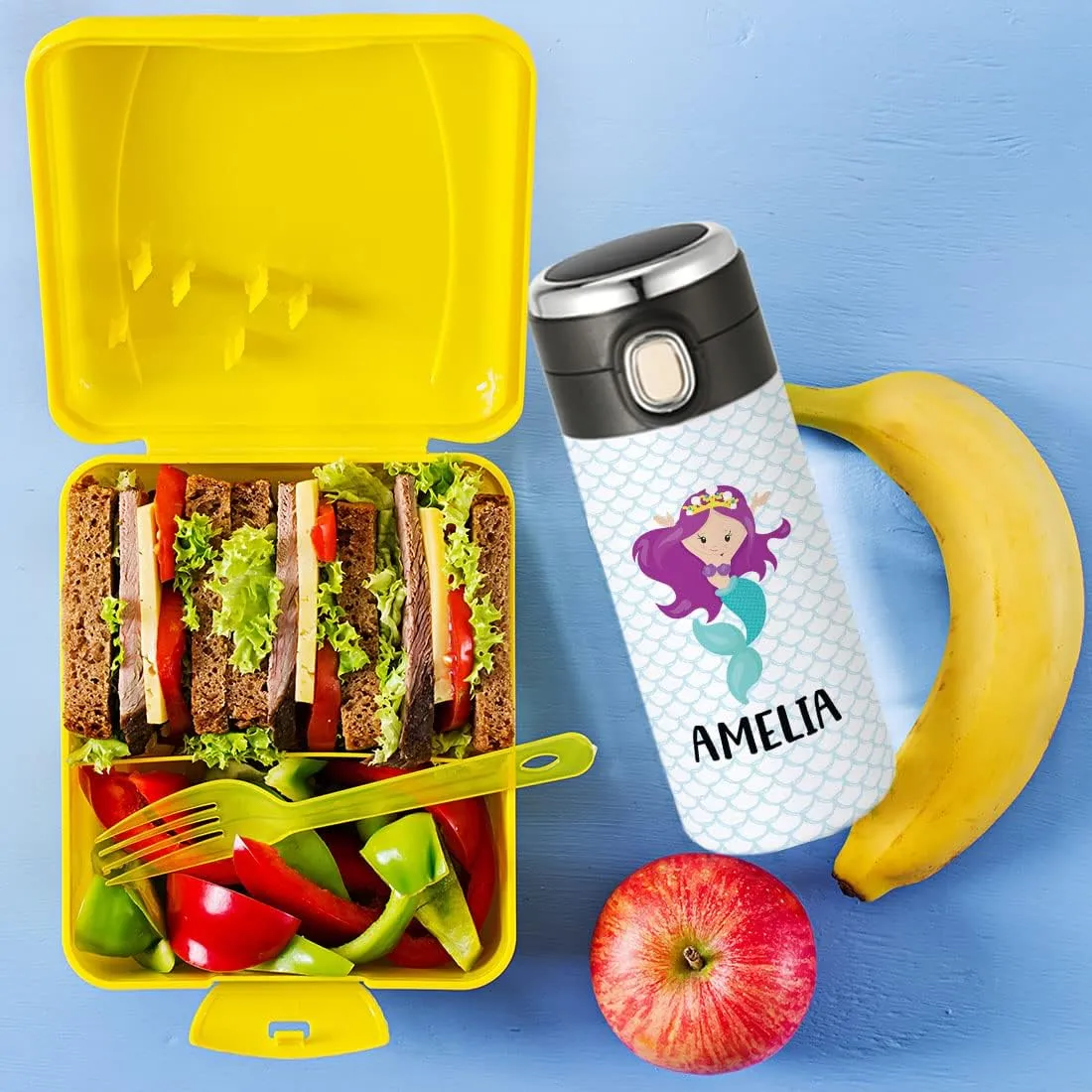 Andaz Press Personalized Kids Tumbler Mermaid Kids Stainless Steel Water Bottle with Leakproof Flip Lid- 10oz BPA-Free Tumbler For Girls, Daughter, Students, Birthday Party Favors Gifts, 1-Pack