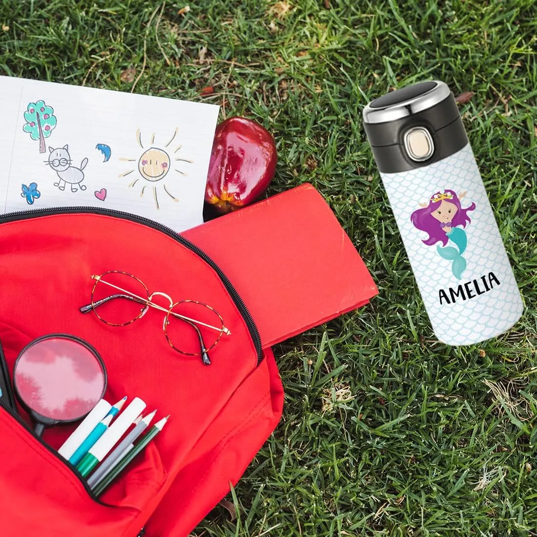 Andaz Press Personalized Kids Tumbler Mermaid Kids Stainless Steel Water Bottle with Leakproof Flip Lid- 10oz BPA-Free Tumbler For Girls, Daughter, Students, Birthday Party Favors Gifts, 1-Pack