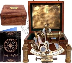 Antique Brass Nautical Sextant with Wooden Box & Extra 2 Telescopes, Kelvin & Hughes London Sextant for Mariners Surveyors, Navigation Instruments, Vintage Style Wedding & Graduation Gift