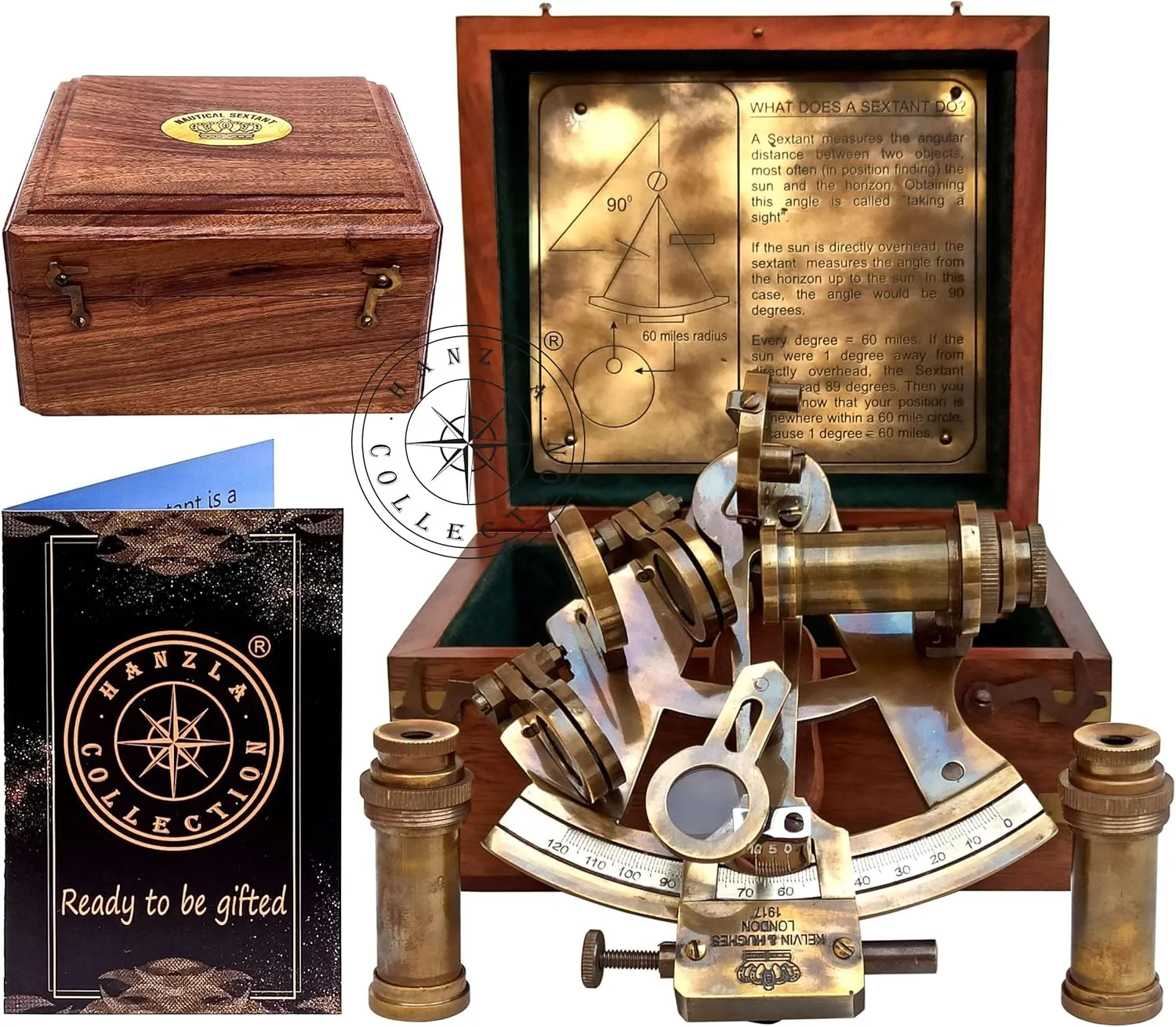 Antique Brass Nautical Sextant with Wooden Box & Extra 2 Telescopes, Kelvin & Hughes London Sextant for Mariners Surveyors, Navigation Instruments, Vintage Style Wedding & Graduation Gift