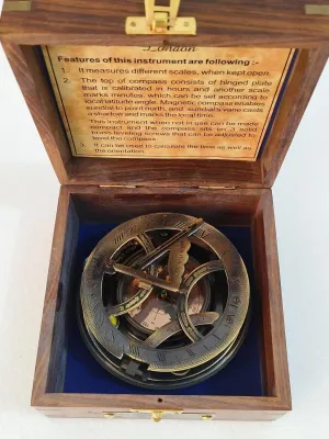 Antique Brass Sundial Compass with Wooden Box Nautical Push Open Pocket Compass for Traveling Camping Hiking Navigation Tool
